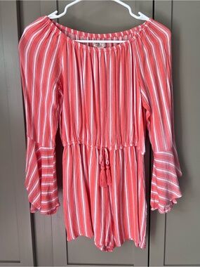 Girls Coral and White Striped Off-Shoulder Romper with Tassel Tie - Size Large